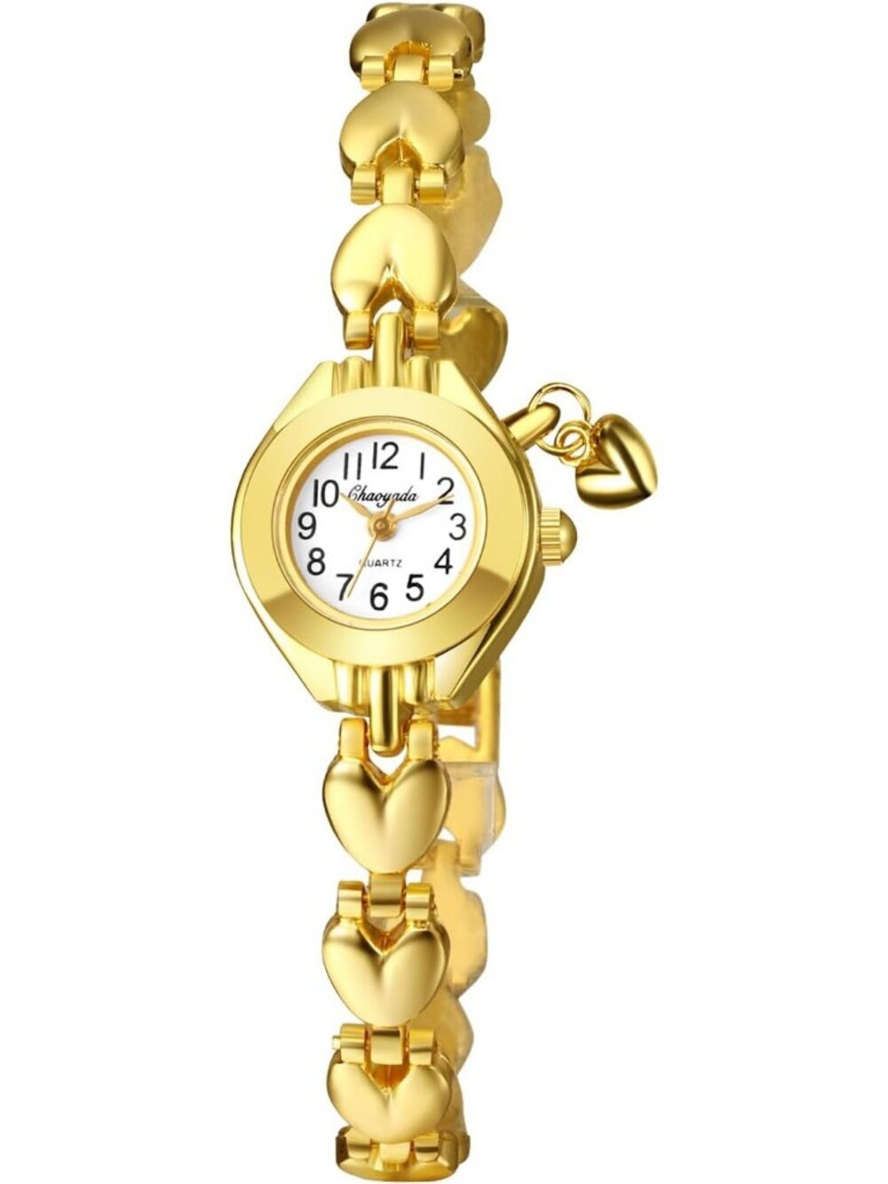 Women's Gold And White Analog Stainless Steel Heart Pandant Bracelet Wrist Watch